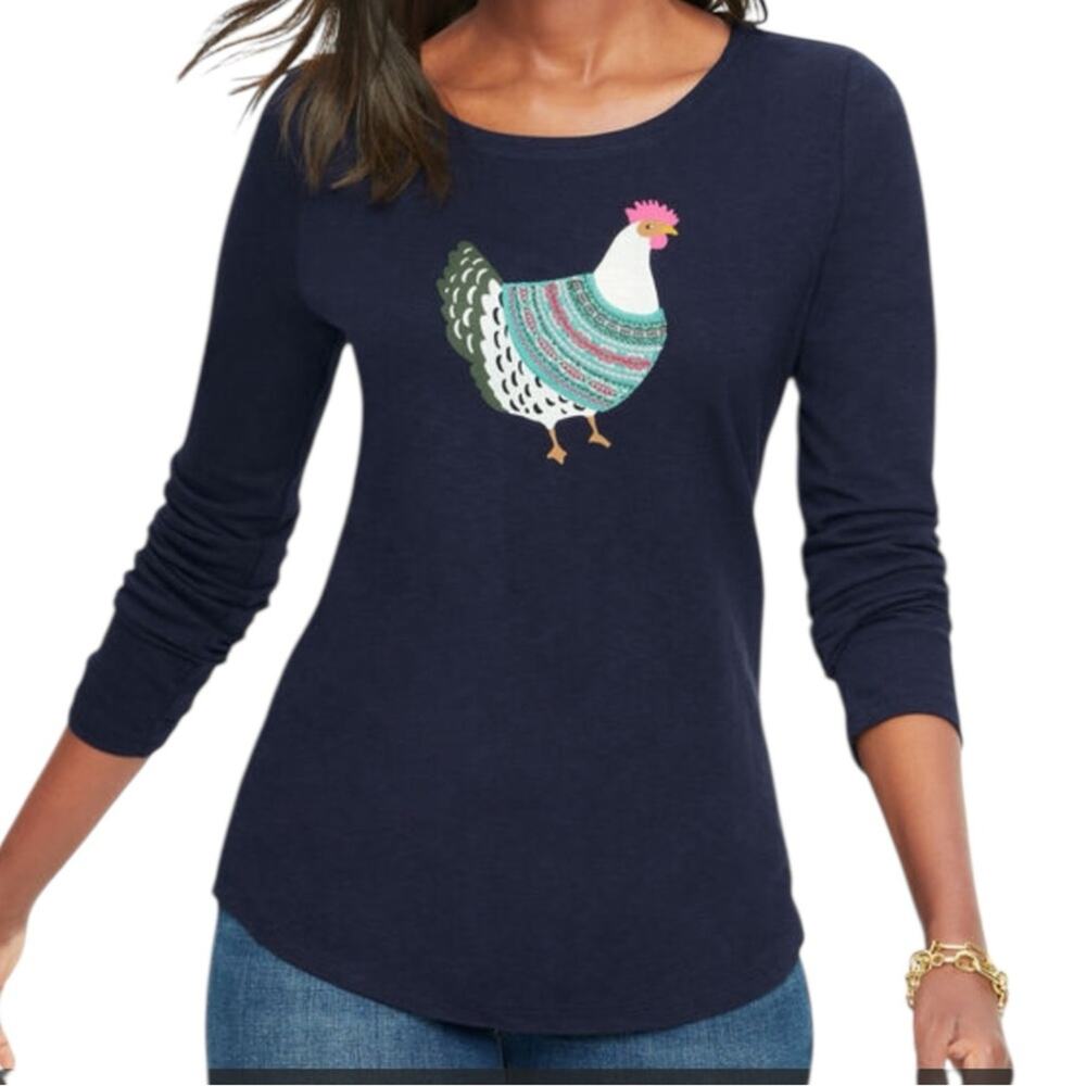 Talbots Fair Isle Chicken Crewneck Tee LP Large Petite Navy Long Sleeve Top